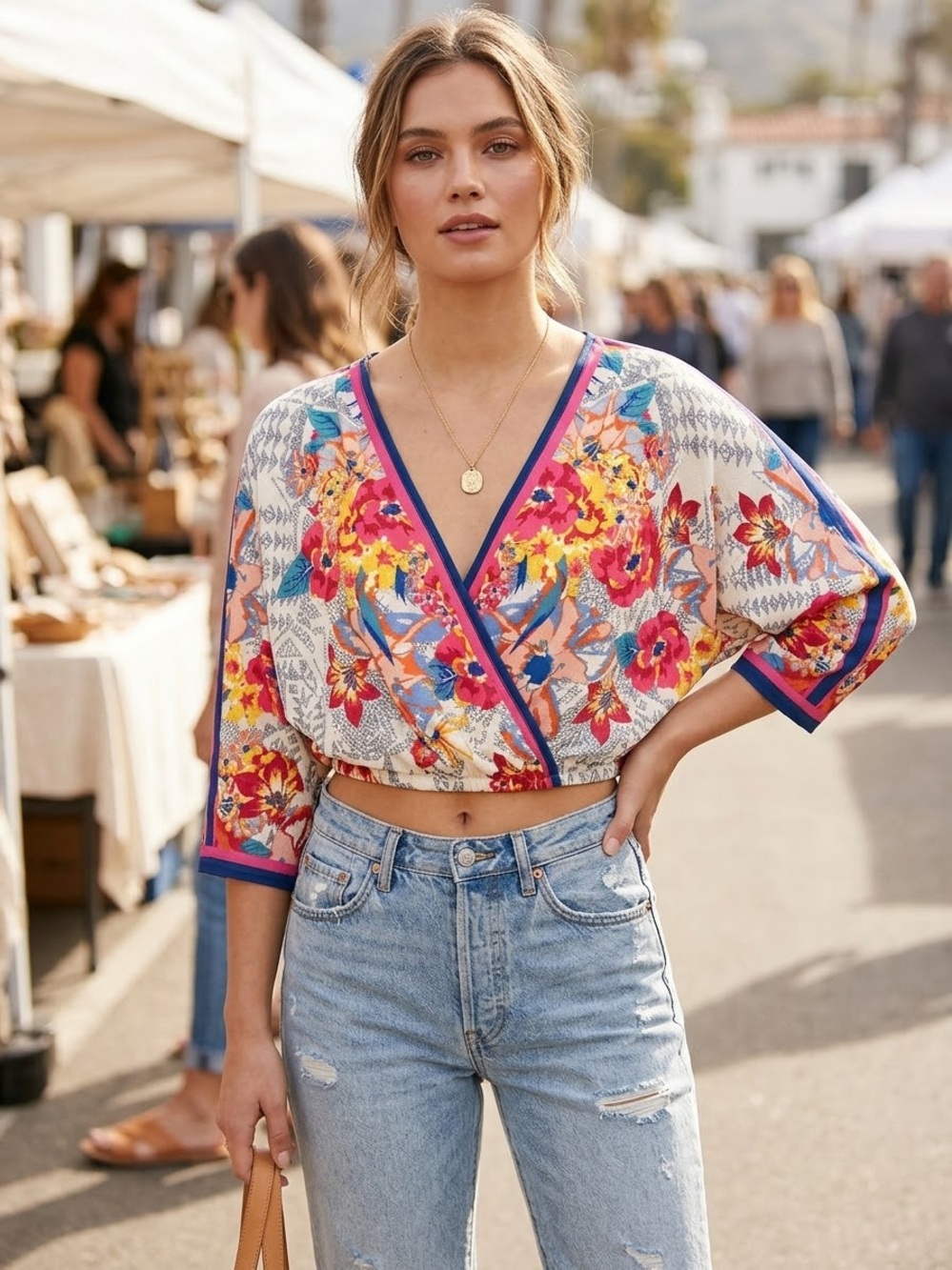 Flying Tomato Floral Wrap Crop Top in White, Pink, Blue and Yellow